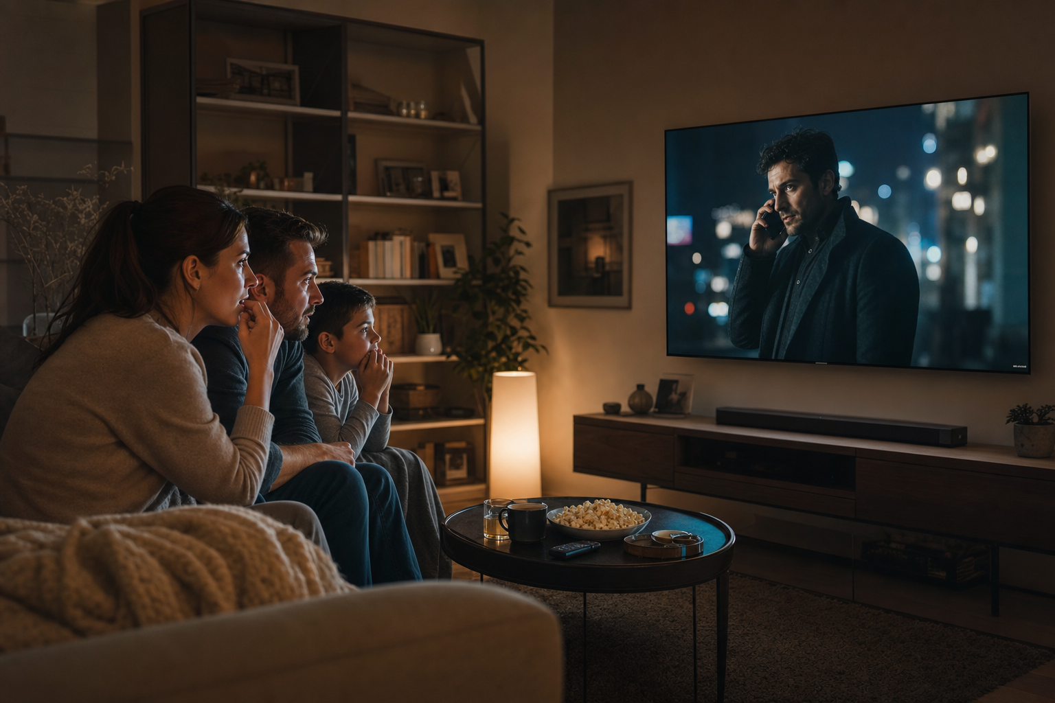 Family watching drama series at home